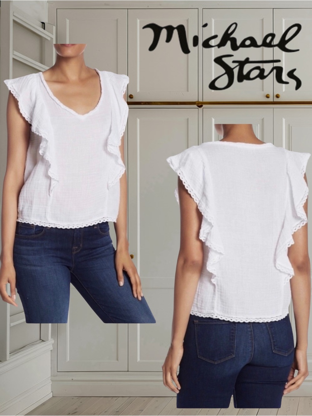 Michael Stars White Ruffled Flounce Top Sz Med